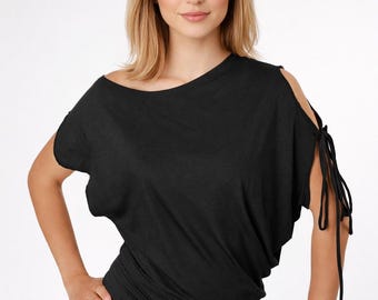Women's Summer Top, Off Shoulder Top, Asymmetrical Blouse, Loose Casual Top, Short Sleeve Top, Custom Made Clothing