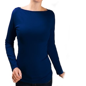 Boat neck top/ Causal top/ Stylish blouse/ Fitted top/ Longsleeves top/ Black stylish top/Black body con, color Dark Blue, size L