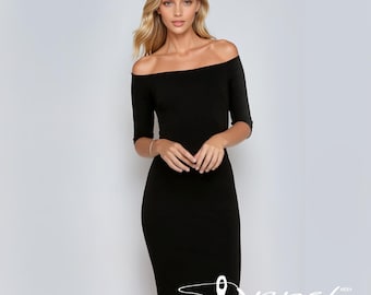 bodycon elegant cocktail midi dress Fitted Off the Shoulder Midi Dress, Elegant Cocktail Dress, Bodycon Dress, Custom Made to Order, Flattering Party Wear, Perfect Gift