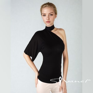 One Sleeve Kimono Top, Mock Turtleneck Open Shoulder Cocktail Top