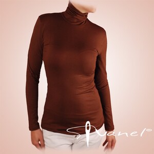 May include: A brown long-sleeved turtleneck shirt.