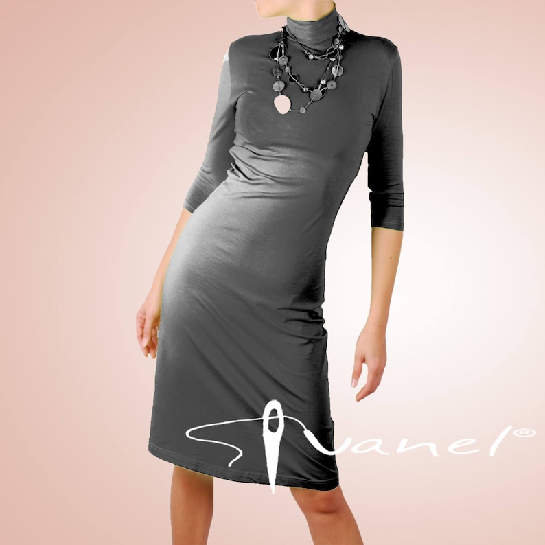 semi turtleneck dress, mock turtleneck, knee length dress, black dress