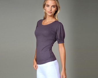 Puff Sleeve T-Shirt - Women's Fitted Top - Short Sleeve Crew Neck