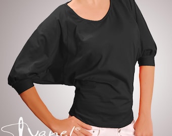 Black Batwing Sleeve Top - Loose Fit Blouse, Plus Size Available