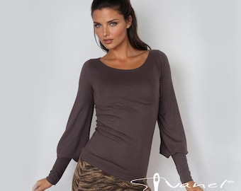 Long Sleeve Top, Bishop Sleeve Blouse, Fitted Scoop Neck Shirt, Custom Size Balloon Sleeve Top, Made to Order Elegant Office Wear for Her