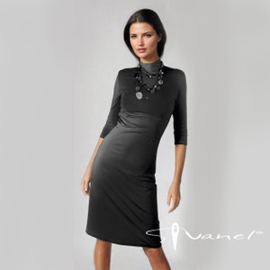 semi turtleneck dress, mock turtleneck, knee length dress, black dress