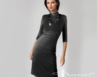 Vestido midi ajustado com gola alta: elegante vestido de malha com mangas 3/4, feito sob encomenda, versátil para o escritório ou ocasiões casuais, macio, chique, presente perfeito.