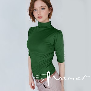 Turtleneck top, Slim Skin Tight Stretchy Turtleneck Top, 3/4 sleeves blouse, Women top, Puffed sleeves, Fitted Tops, 28 colors S,M,L,XL,XXL