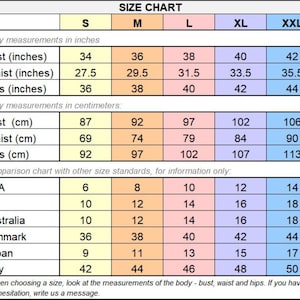 May include: Size chart for clothing in inches and centimeters. The chart includes sizes S, M, L, XL, and XXL. Measurements are provided for bust, waist, and hips. The chart also includes a comparison chart with other size standards, including USA, UK, Australia, Denmark, Japan, and Italy.