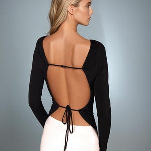 Backless top, Longsleeves shirt, black sexy top, Cocktail top, Open back Funky top, Bare back top in 28 colors, sizes S,M,L