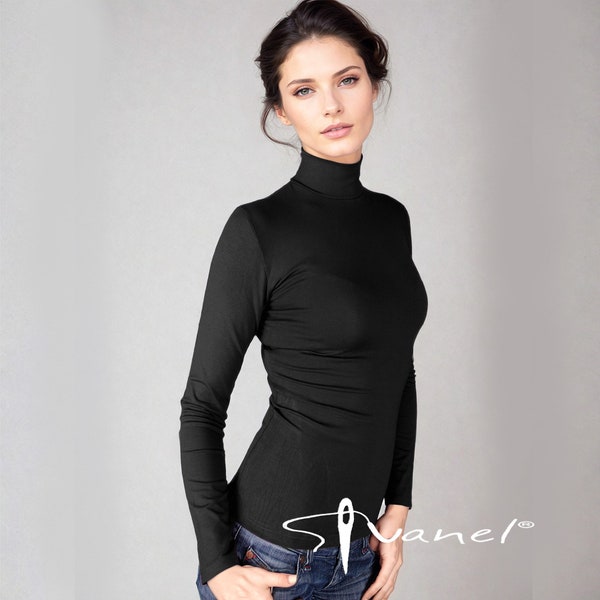 Blue Turtleneck Top with Crystal and Bead Embellished Neck