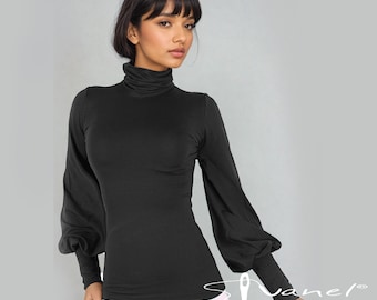 Women's Turtleneck Top, Long Sleeve Blouse, Bishop Sleeve Top, Elegant Office Top, Fitted Knit Top, Custom Made Clothing