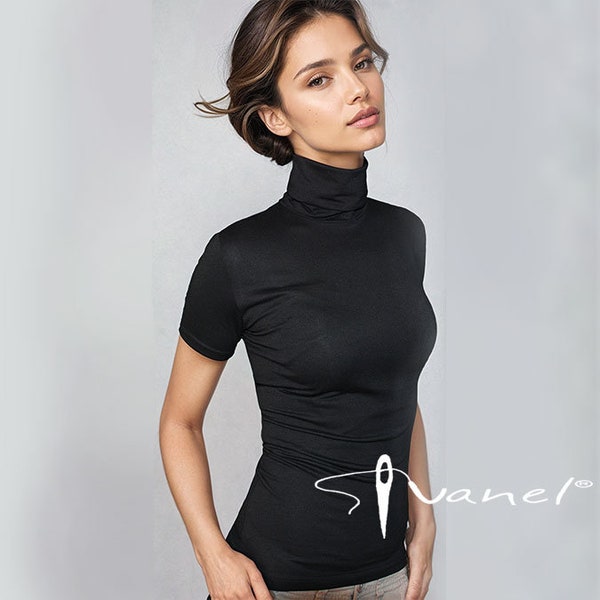 Turtleneck top, Short sleeve Turtleneck, Short sleeves blouse with Wrap turtleneck, Fitted Casual Top, Autumn top for women, 28 colors S-XXL