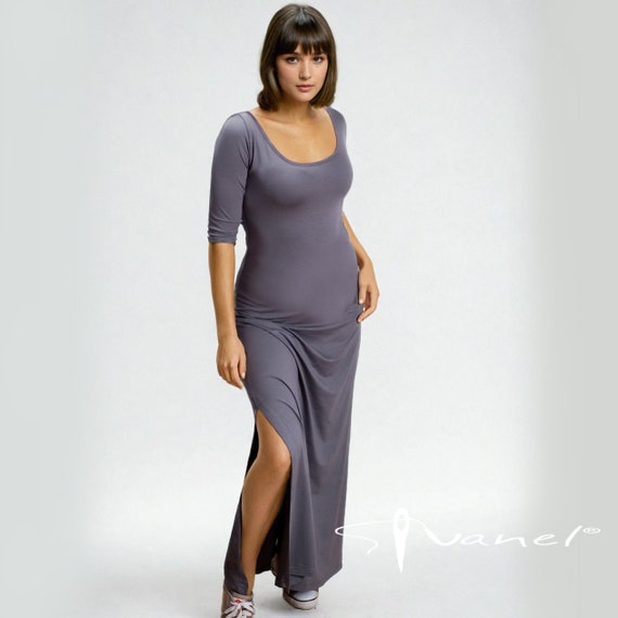 Fitted Scoop Neck Maxi Dress, Elegant Side Slit Dress, Soft Viscose Knit, Custom Made to Order, Versatile Casual or Semi-Formal Wear