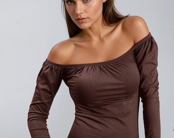 Schulterfreies Langarmtop - Damen Braune Bluse