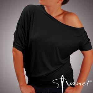 Asymmetric Off-Shoulder Blouse - Loose Fit, Bat Sleeves