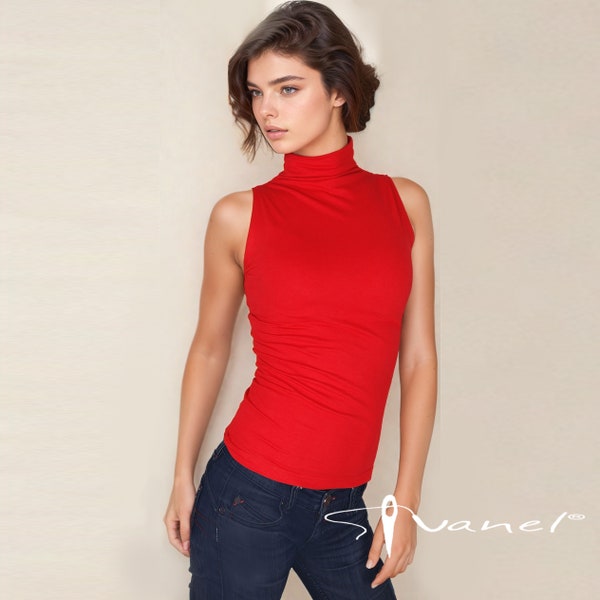 Sleeveless Turtleneck top, Slim Skin Tight Stretchy Turtleneck Top, Sleeveless blouse, Women top, Fitted Tops, 28 colors S, M, L, XL, XXL