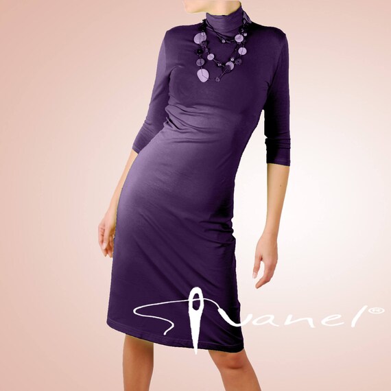 Elegant Black Turtleneck Dress - Knee Length, 3/4 Sleeve - Versatile Style