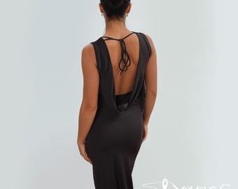 Slinky Cowl Back Dress - Sleeveless Midi - Party Dress