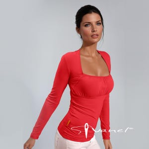 Square Neck Blouse, Casual longsleeve top, Stylish women t-Shirt, Ruched neckline, Cocktail longsleeve blouse, Elegant fitted blouse