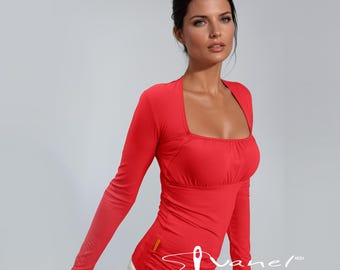Square Neck Long Sleeve Top, Ruched Bust, Elegant Tunic Blouse