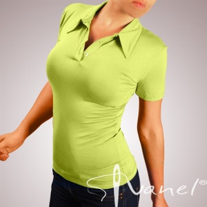 May include: A lime green short-sleeved polo shirt with a button-up collar.