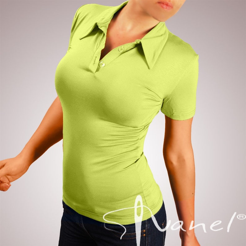 May include: A lime green short-sleeved polo shirt with a button-up collar.