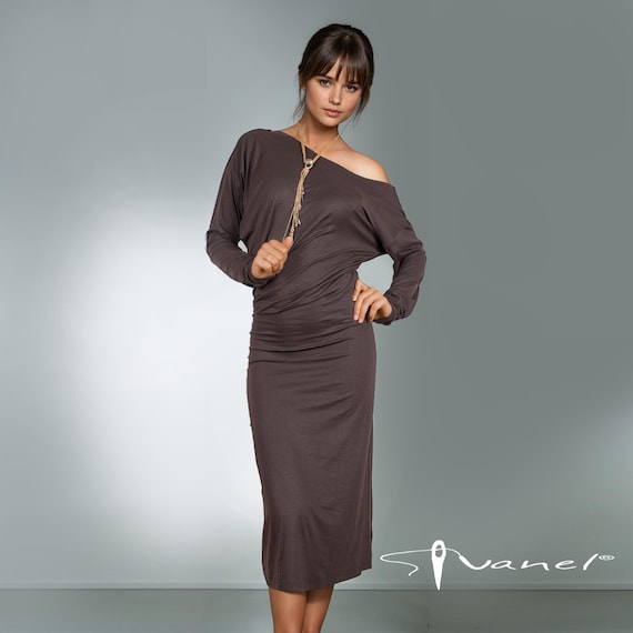 ruched jersey knit dress Off Shoulder Long Sleeve Midi - Dress Emerald green