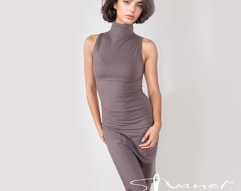 Sleeveless Mock Neck Sheath Dress: Custom Made Stretch Viscose Midi