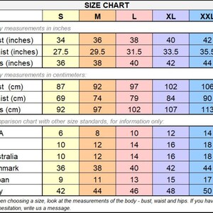 May include: Size chart with bust, waist, and hip measurements in inches and centimeters. Includes a comparison chart for USA, UK, Australia, Denmark, Japan, and Italy sizes. The chart ranges from size S to XXL.