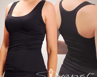 May include: Black tank top with a scoop neckline and a racerback design. The fitted top has a ruched side detail and is made of a soft, stretchy material. The tank top is shown from the front and back.