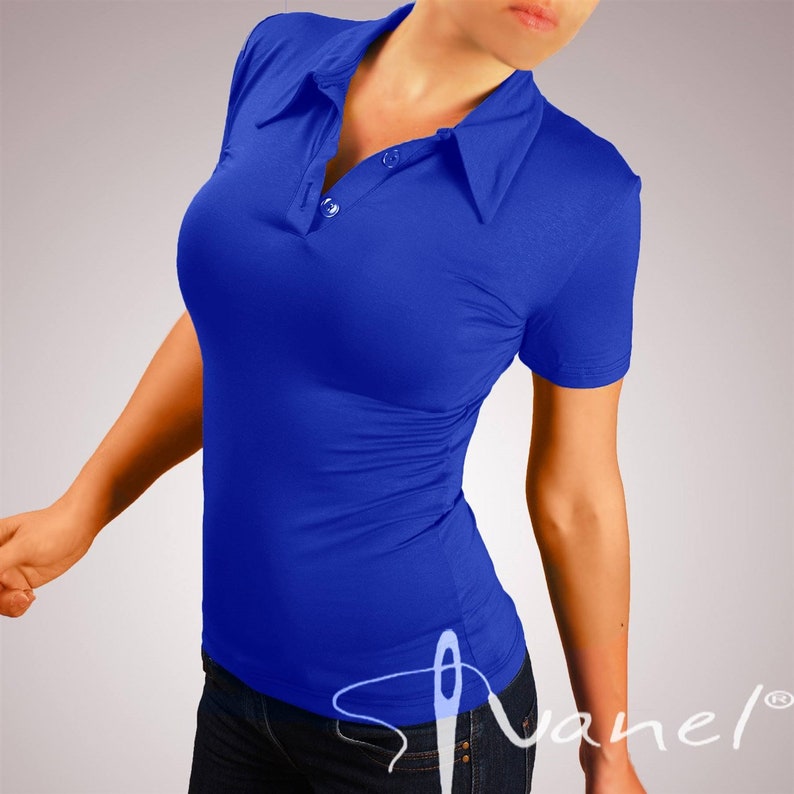 May include: A royal blue short-sleeved polo shirt with a button-up collar. The shirt is made of a soft, stretchy fabric and has a fitted silhouette.