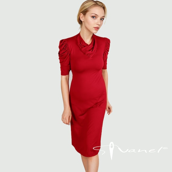knee length dresses for ladies Tiril Red Ruched Lace Panel Meah Midi Dress (Final Sale), M / Red main image 1