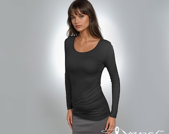 Fitted Long Sleeve Top, Scoop Neck Casual Shirt, Made to Order