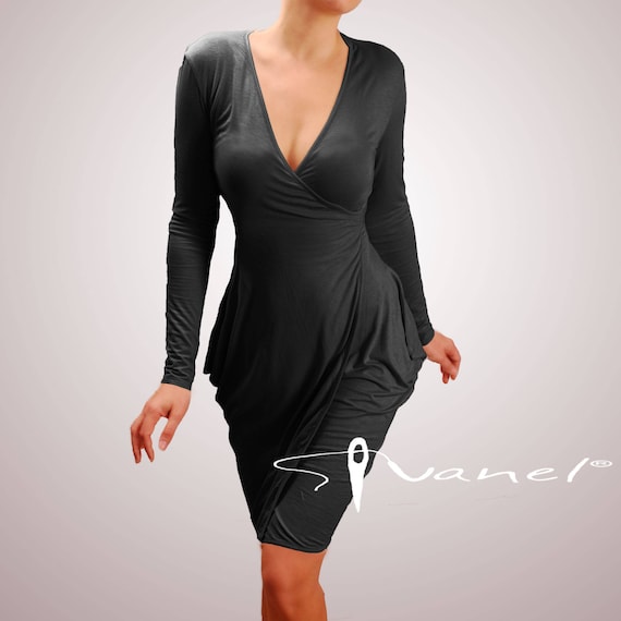 black jersey knit wrap dress - - Long Sleeve - Occasion - Cocktail Party Dress high-inventory