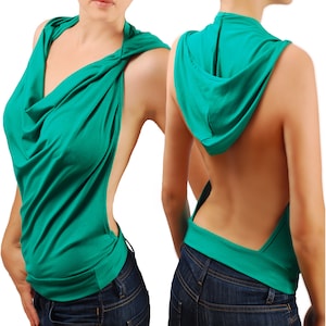 Open back tank top/ Hoodie tank top/ Backless tank top/ Hooded top/black sexy top/ Cocktail top/ Funky top/Halter Top/28 colors,sizes S, M,L