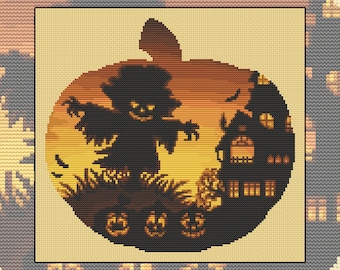 Cross stitch kit Pumpkin Farm, Halloween, pumpkins, scarecrow