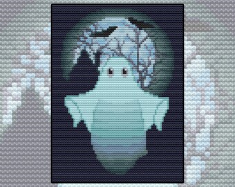 Cross stitch kit Ghostly Glow, ghost, night, full moon, glowing