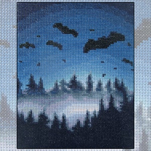 Cross stitch kit Into the Darkness, bat, bats, forest