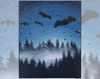 Cross stitch kit Into the Darkness, bat, bats, forest