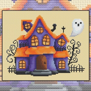 Cross stitch kit Home is Halloween, Halloween house, purple, orange, ghost