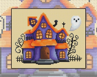 Cross stitch kit Home is Halloween, Halloween house, purple, orange, ghost