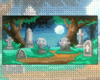 Cross stitch kit When Night Falls, Halloween cemetery graveyard