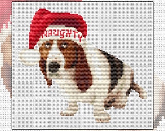 Cross stitch kit  On the Naughty List, basset, dog, Christmas hat