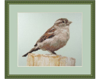 Cross stitch kit Little Rest, sparrow, small bird, garden bird