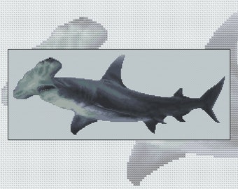 Cross stitch kit Using its Head, hammerhead shark, oceaan