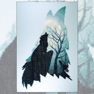 Cross stitch kit Moonlit Howl, wolf, wolves, howling, moon, silhouette