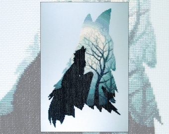 Cross stitch kit Moonlit Howl, wolf, wolves, howling, moon, silhouette