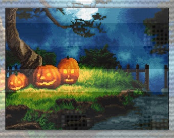 Cross stitch kit Nighttime glow, pumpkins, Jack O' Lanterns