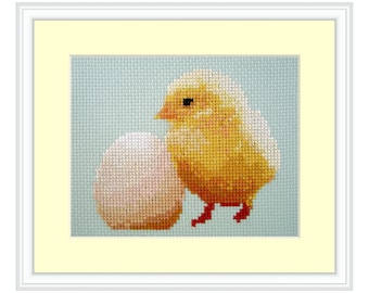 Chick or the egg, Cross Stitch Kit baby chicken, realistic, farm